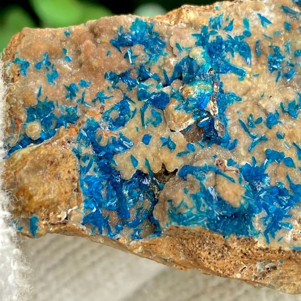 Blue veszelyite crystals spread across tan plate from Yunnan, China, view 7 of 9