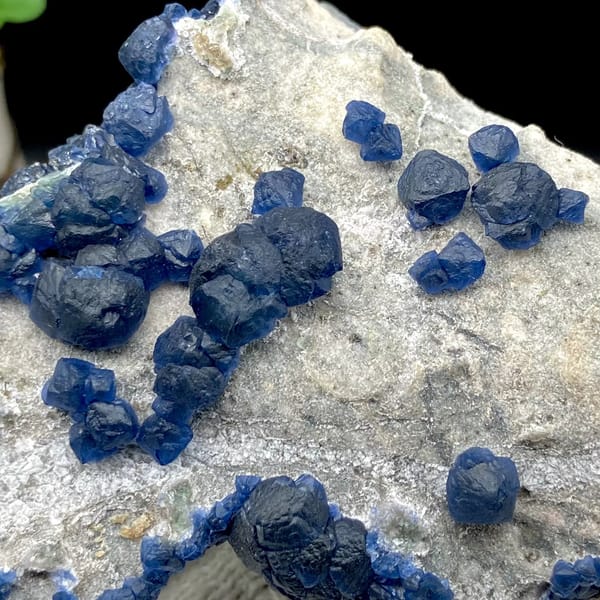 Navy-blue strawberry quartz balls and blue fluorite on pale plate from Inner Mongolia, China, view 2 of 9