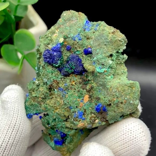 Green malachite crust with deep blue azurite balls from Anhui, China
