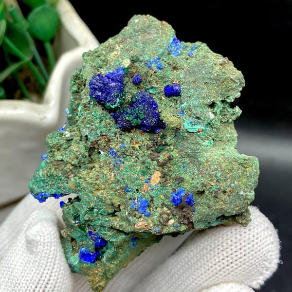 Green malachite crust with deep blue azurite balls from Anhui, China, view 2 of 9