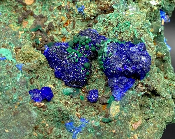 Green malachite crust with deep blue azurite balls from Anhui, China, view 6 of 9