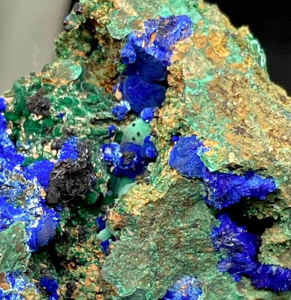 Green malachite crust with deep blue azurite balls from Anhui, China, view 7 of 9