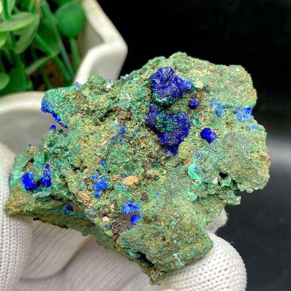 Green malachite crust with deep blue azurite balls from Anhui, China, view 9 of 9