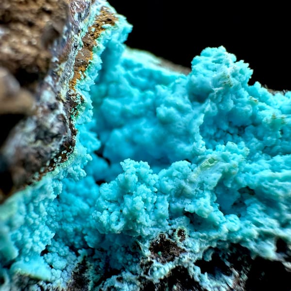 Turquoise-blue gibbsite crust with malachite on brown rock from Yunnan, China, view 2 of 6