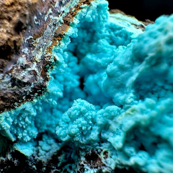 Turquoise-blue gibbsite crust with malachite on brown rock from Yunnan, China, view 3 of 6