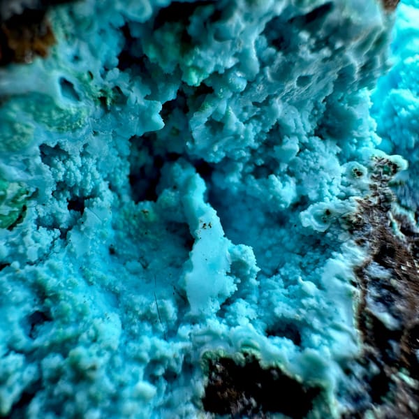 Turquoise-blue gibbsite crust with malachite on brown rock from Yunnan, China, view 4 of 6