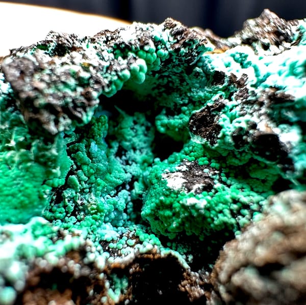 Turquoise-blue gibbsite crust with malachite on brown rock from Yunnan, China, view 5 of 6