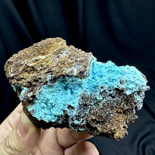 Turquoise-blue gibbsite crust with malachite on brown rock from Yunnan, China, view 6 of 6