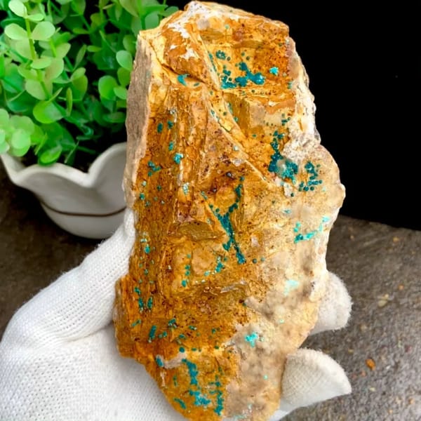 Orange block with green botryoidal malachite and blue copper spots from Yunnan, China