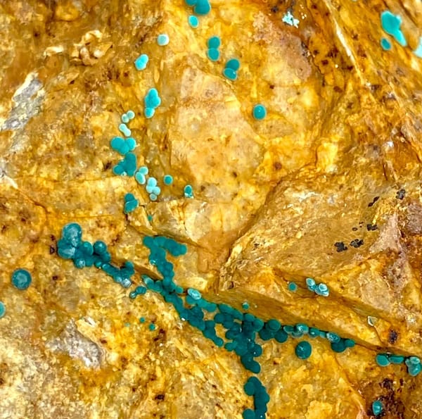 Orange block with green botryoidal malachite and blue copper spots from Yunnan, China, view 2 of 9