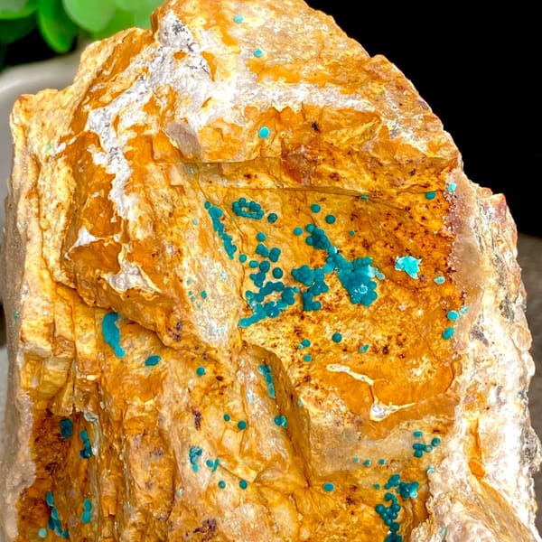 Orange block with green botryoidal malachite and blue copper spots from Yunnan, China, view 5 of 9