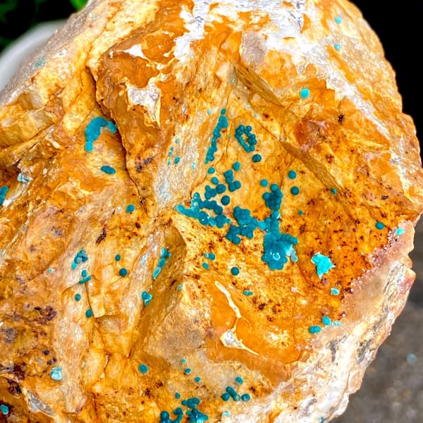 Orange block with green botryoidal malachite and blue copper spots from Yunnan, China, view 9 of 9