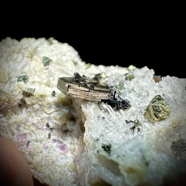 Bronze pyrrhotite and chalcopyrite with marmatite on white quartz from Inner Mongolia, China, view 2 of 6