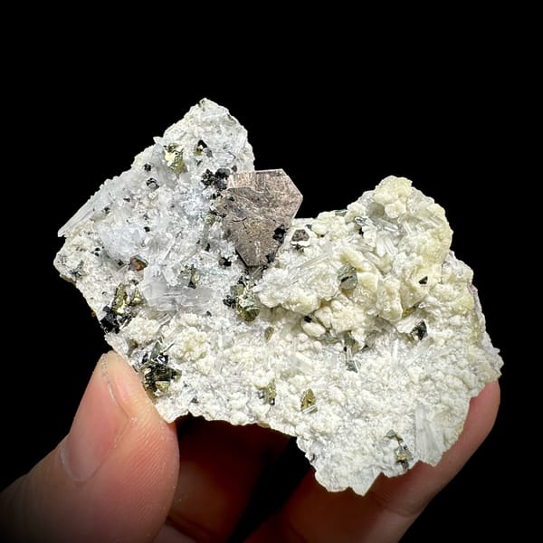 Bronze pyrrhotite and chalcopyrite with marmatite on white quartz from Inner Mongolia, China, view 3 of 6