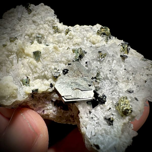 Bronze pyrrhotite and chalcopyrite with marmatite on white quartz from Inner Mongolia, China, view 4 of 6