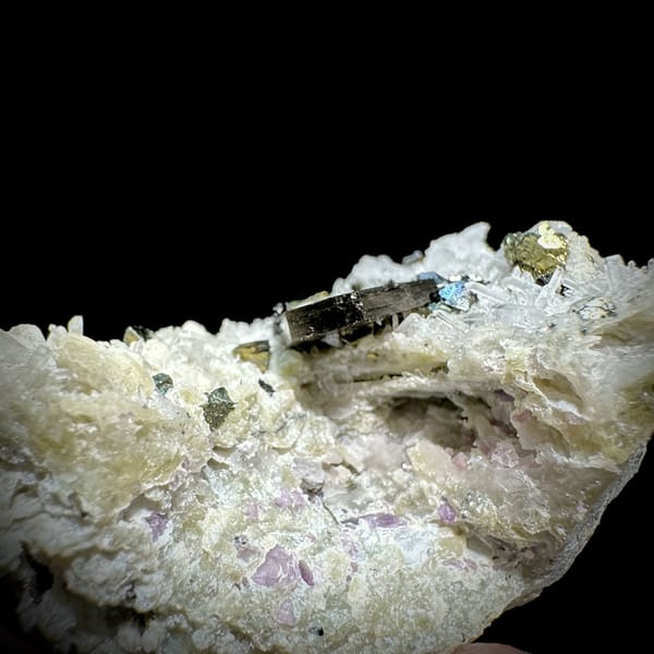 Bronze pyrrhotite and chalcopyrite with marmatite on white quartz from Inner Mongolia, China, view 5 of 6