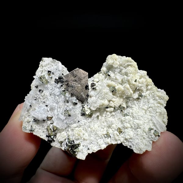 Bronze pyrrhotite and chalcopyrite with marmatite on white quartz from Inner Mongolia, China, view 6 of 6