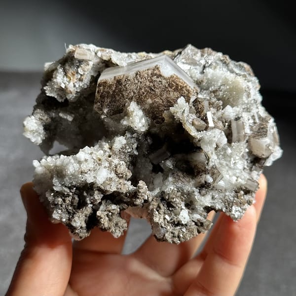 Brown hexagonal calcite plate on grey quartz from Fujian, China, view 11 of 12