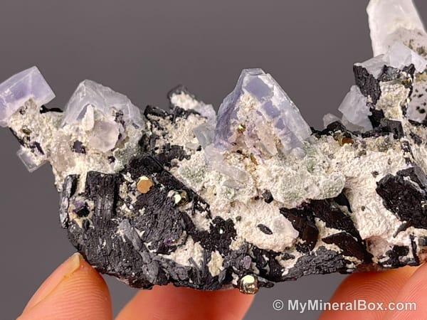 Fluorite with Wolframite Group, Possible Cassiterite & Chalcopyrite — Yaogangxian Mine, Hunan, China — view 6