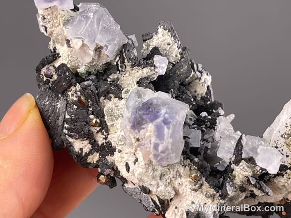 Fluorite with Wolframite Group, Possible Cassiterite & Chalcopyrite — Yaogangxian Mine, Hunan, China — view 7