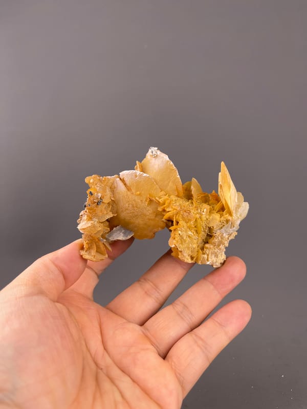 Calcite from Guangdong, China: whole yellow cluster above the palm.