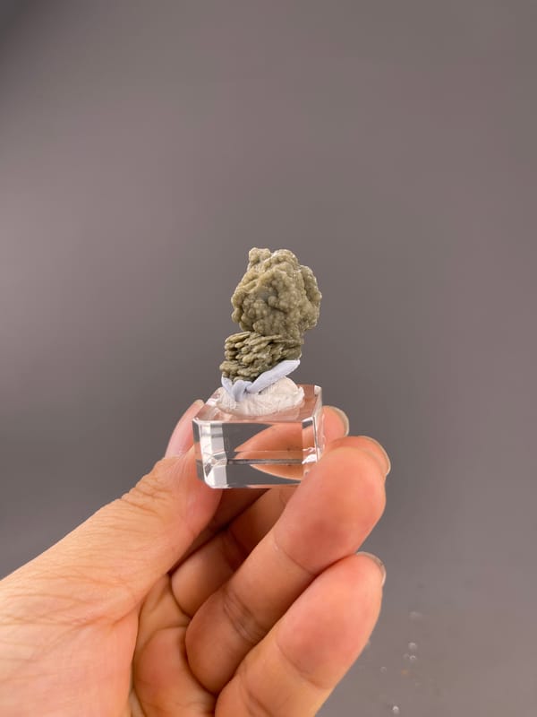 Calcite from Huanggangliang, Inner Mongolia, China: whole tall specimen on a clear cube held between fingers.