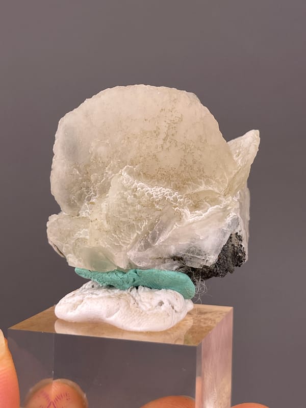 Calcite specimen from Longyan, Fujian, China displaying white blades over dark matrix