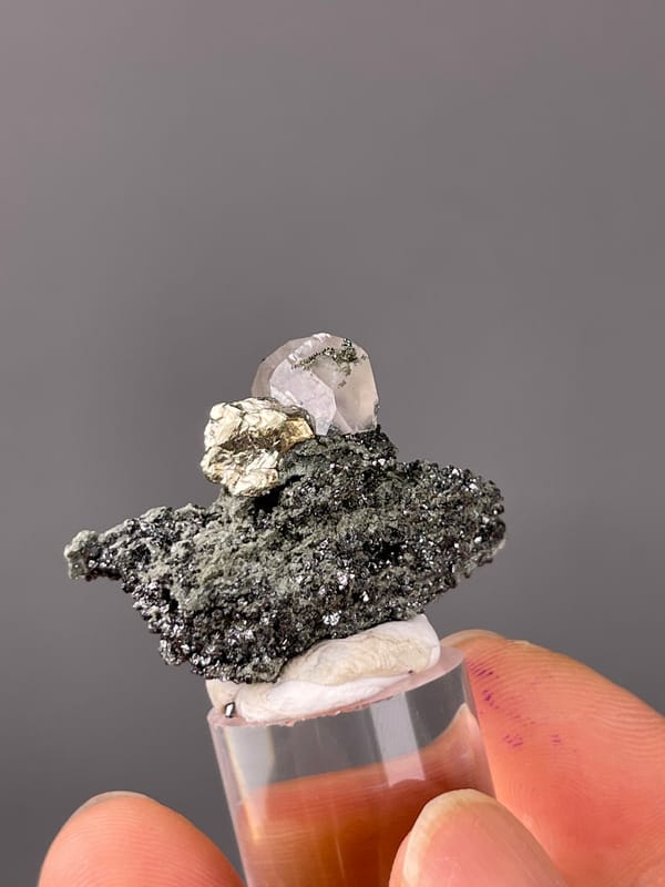 Milky calcite on sparkling matrix on natural calcite specimen from Shizhuyuan Mine, Hunan, China