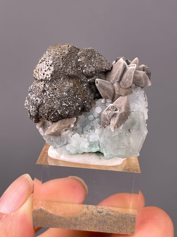 Calcite specimen from Longyan, Fujian, China featuring dark globules with tan blades and green crystal