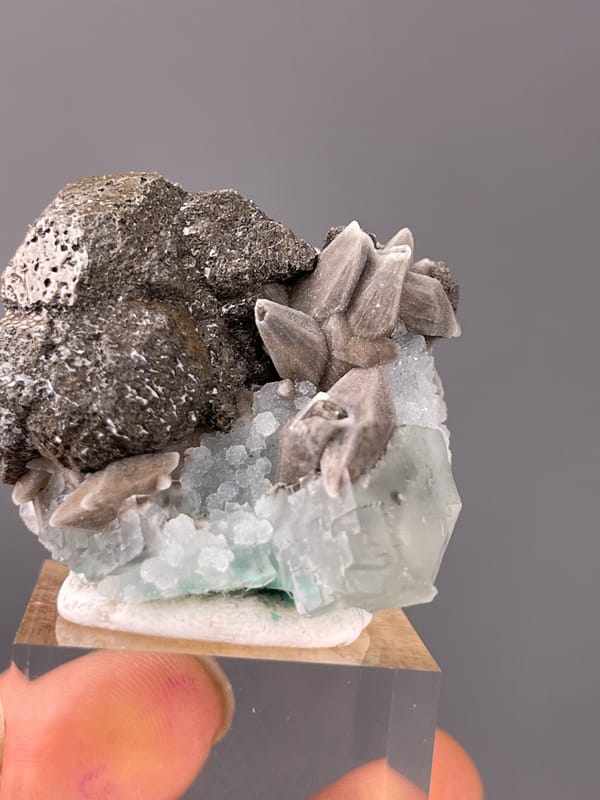Calcite specimen from Longyan, Fujian, China, characterized by dark globules with tan blades and green crystal