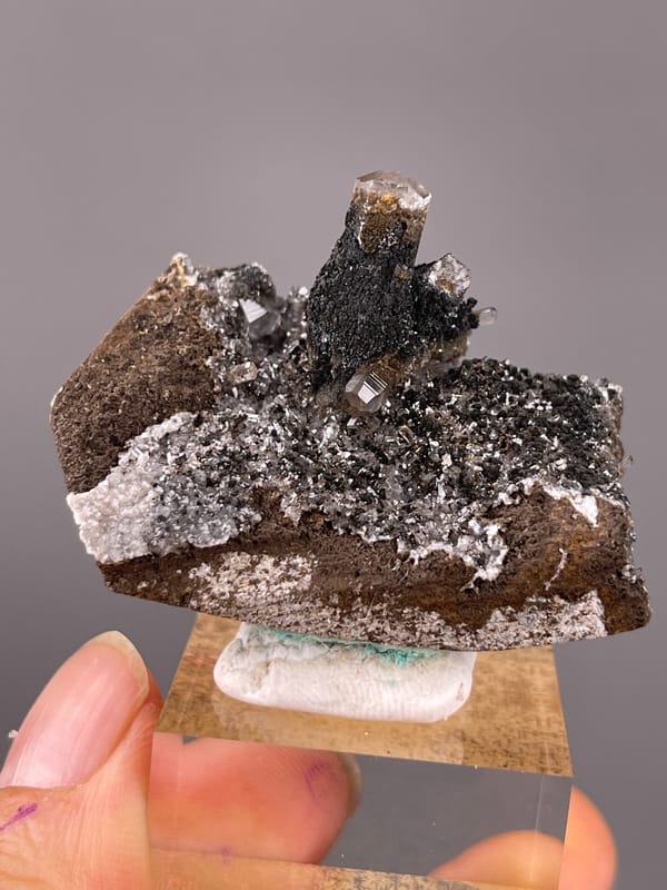 Calcite specimen from Longyan, Fujian, China featuring dark prismatic crystals with brassy coating