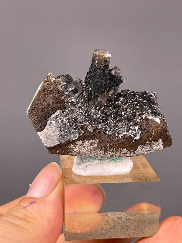 Calcite specimen from Longyan, Fujian, China presenting dark prismatic crystals with brassy coating