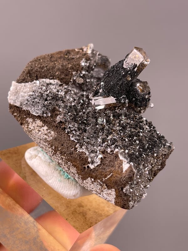 Calcite specimen from Longyan, Fujian, China, characterized by dark prismatic crystals with brassy coating