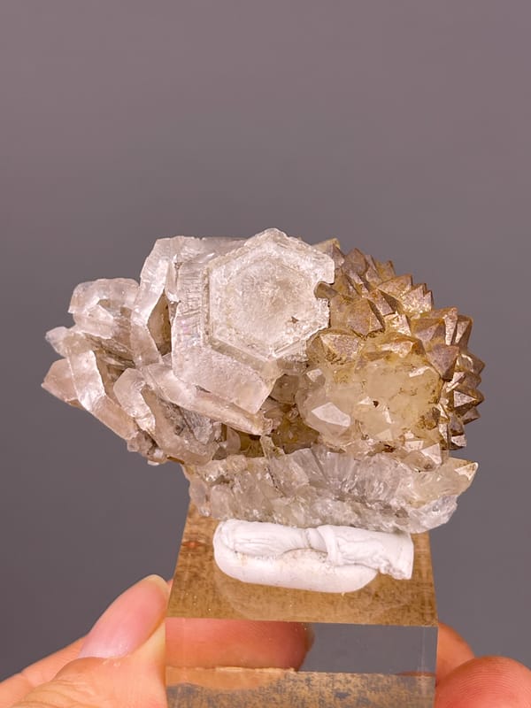 Calcite with Quartz specimen from Longyan, Fujian, China featuring cream tabular rosette blades
