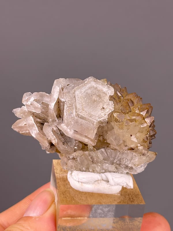 Calcite with Quartz specimen from Longyan, Fujian, China showing cream tabular rosette blades