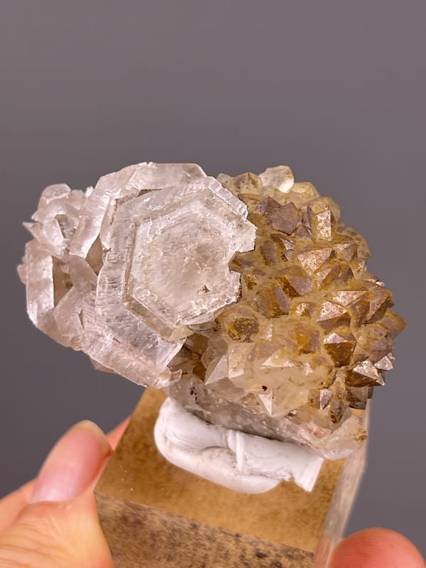 Cream tabular rosette blades on natural Calcite with Quartz specimen from Longyan, Fujian, China