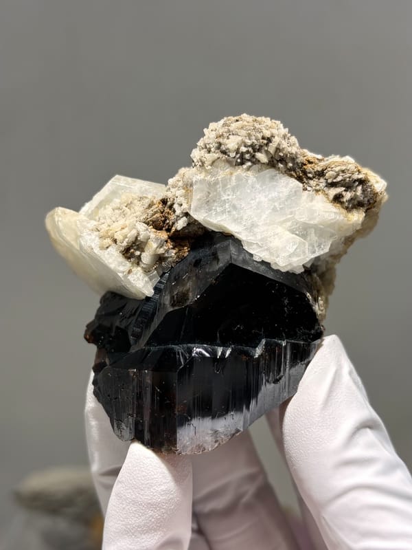 Large black cassiterite with albite, calcite and mica from Xuebaoding, Sichuan, China, close-up of the crystal faces
