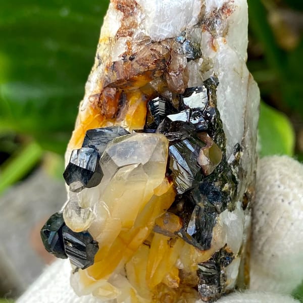 Glossy black cassiterite crystals with honey citrine on white matrix from Yunnan, China, view 6 of 9
