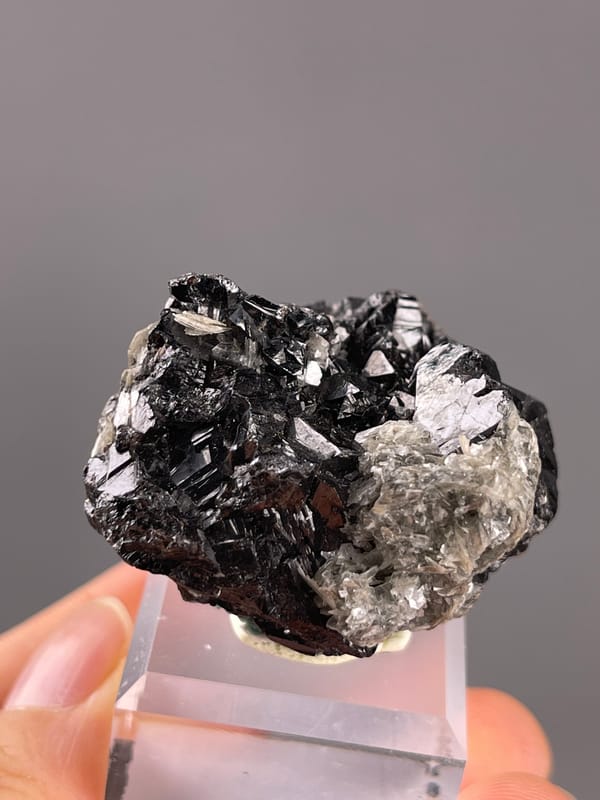 Cassiterite from Xuebaoding, China: close view of black crystal faces and mica.
