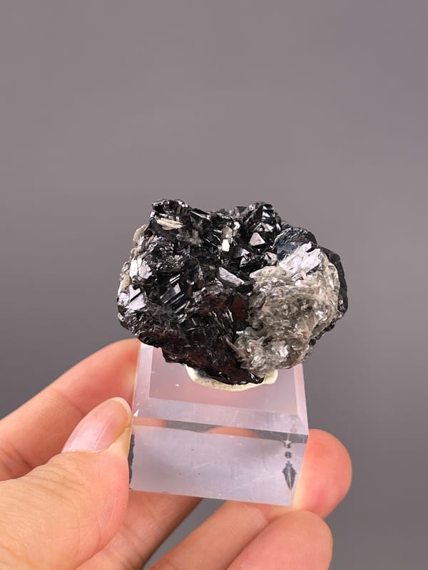 Cassiterite from Xuebaoding, China: front view of glossy black intergrown crystals.