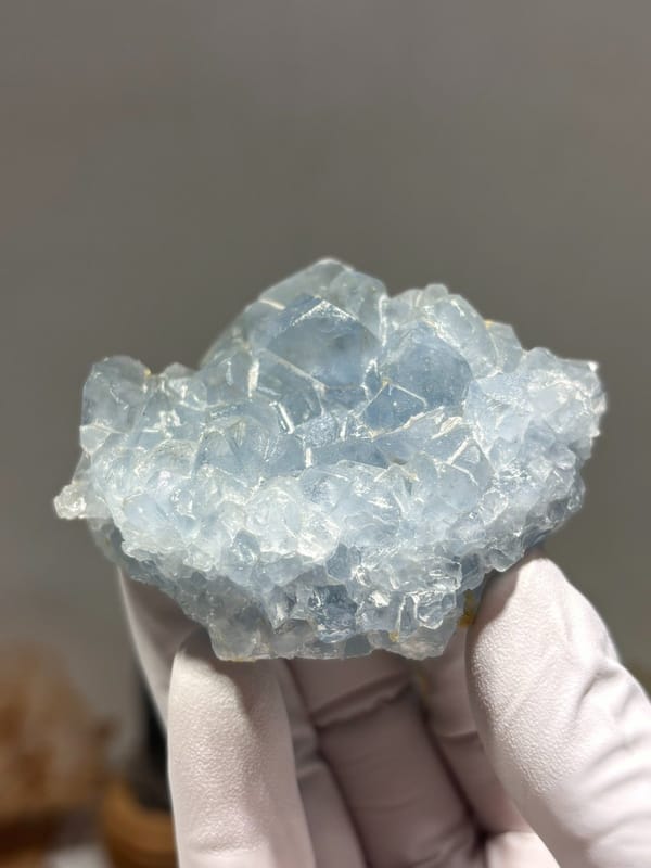 Sky-blue celestine cluster crystallised on both sides from Madagascar