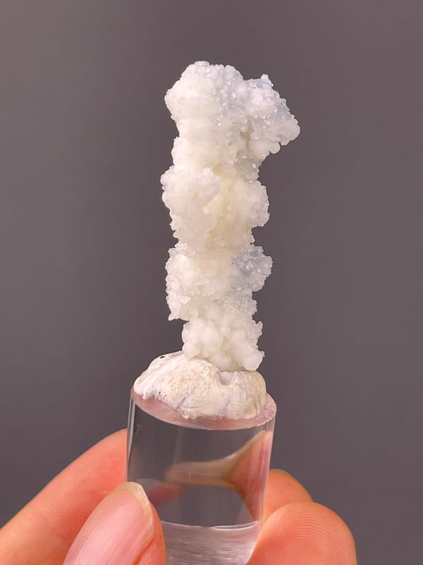 White stalactitic drusy mass visible on celestite specimen from Longyan, Fujian, China