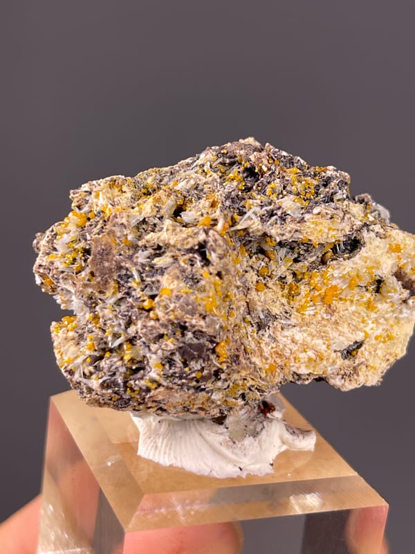 Dark blades with yellow-orange coating visible on Chabazite specimen from Fujian, China