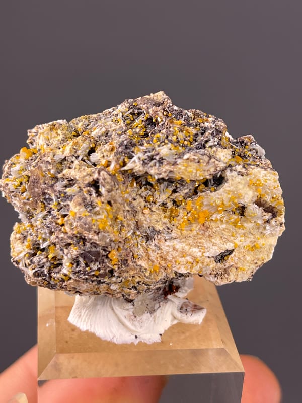 Chabazite specimen from Fujian, China displaying dark blades with yellow-orange coating