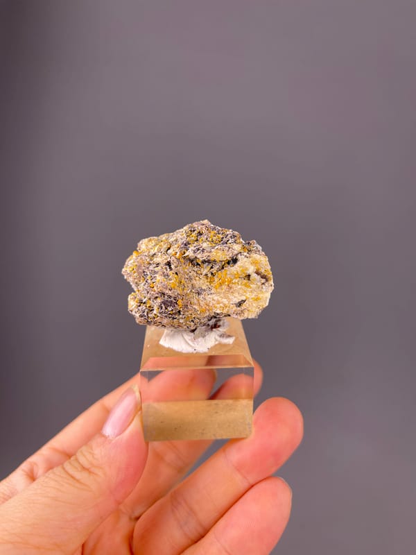Dark blades with yellow-orange coating on natural Chabazite specimen from Fujian, China