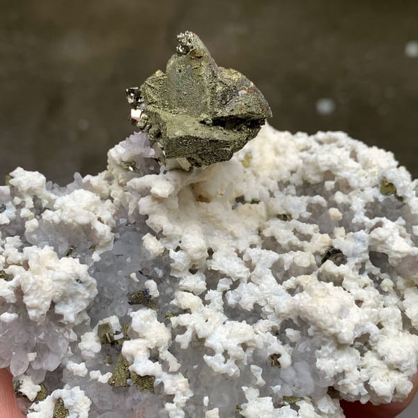 Brassy chalcopyrite crystal on white dolomite and quartz from Jiangxi, China, view 5 of 6