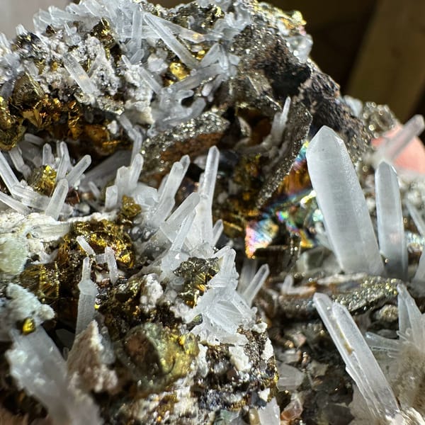 Bronze pyrrhotite and chalcopyrite with quartz and purple fluorite from Inner Mongolia, China, view 2 of 6