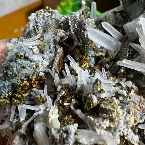 Bronze pyrrhotite and chalcopyrite with quartz and purple fluorite from Inner Mongolia, China, view 3 of 6