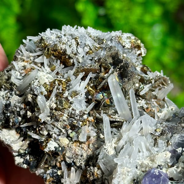 Bronze pyrrhotite and chalcopyrite with quartz and purple fluorite from Inner Mongolia, China, view 4 of 6