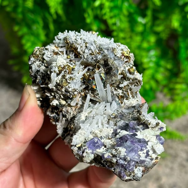 Bronze pyrrhotite and chalcopyrite with quartz and purple fluorite from Inner Mongolia, China, view 5 of 6